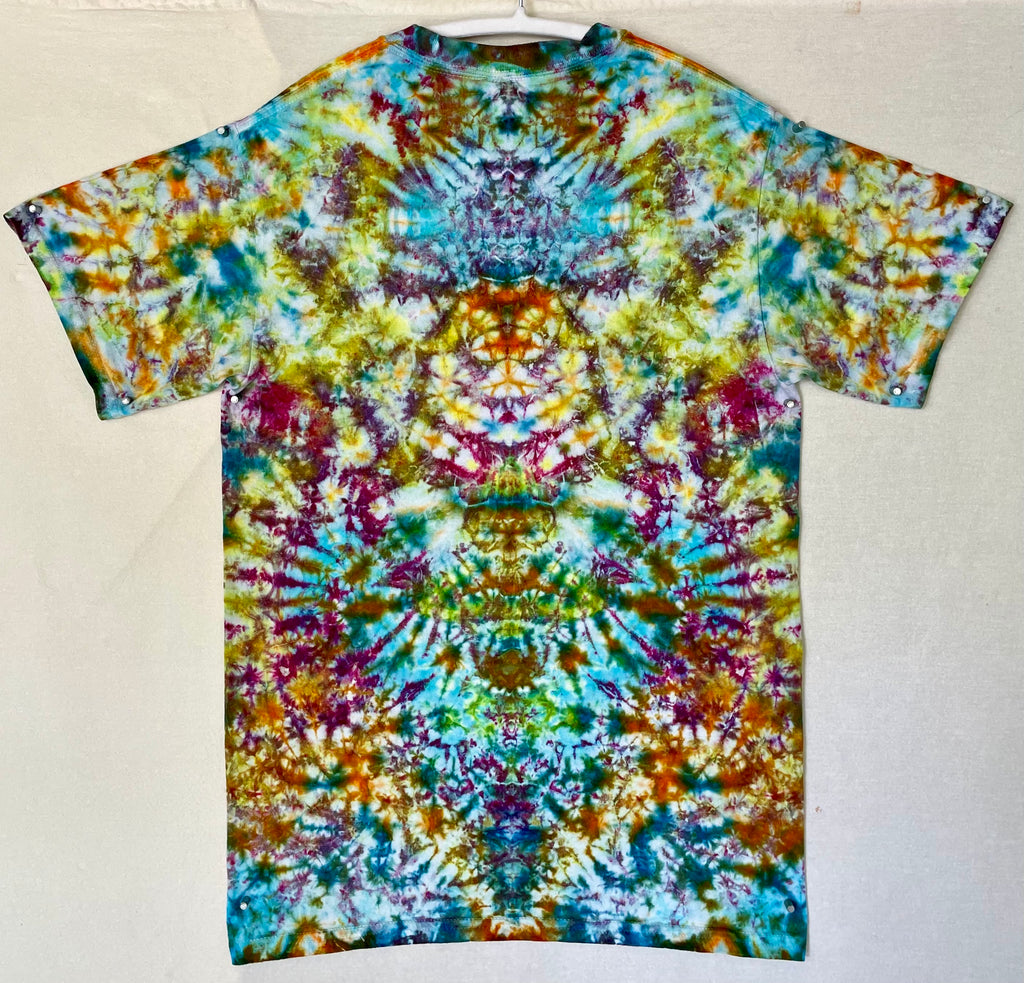 Multicolored tie-dye t-shirt on a plain background